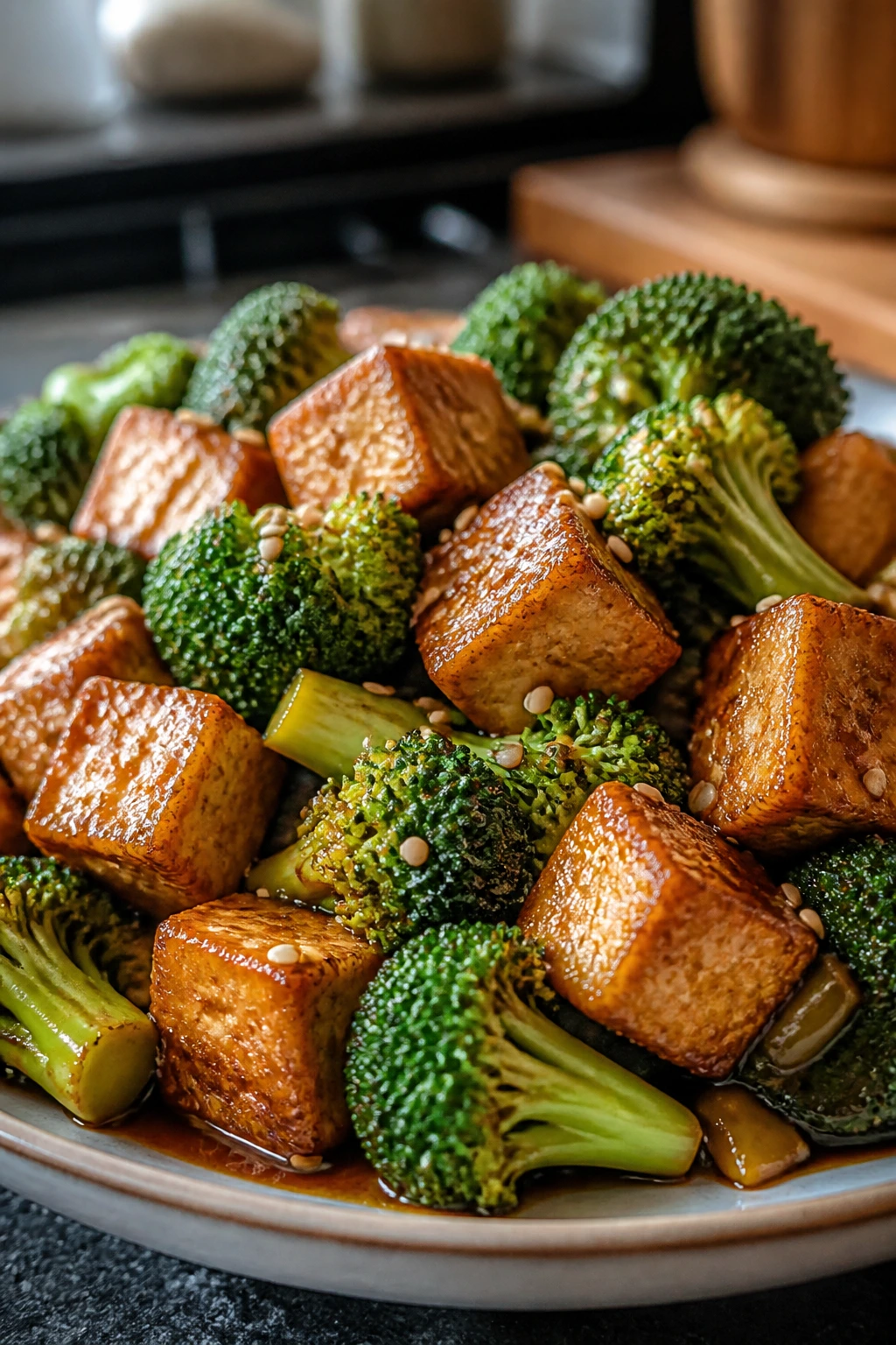 Crispy sesame-ginger tofu with broccoli on a plate