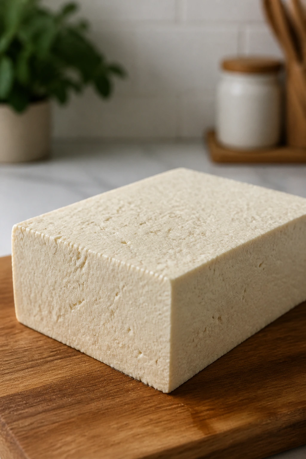 Extra-firm tofu block on cutting board in a clean kitchen