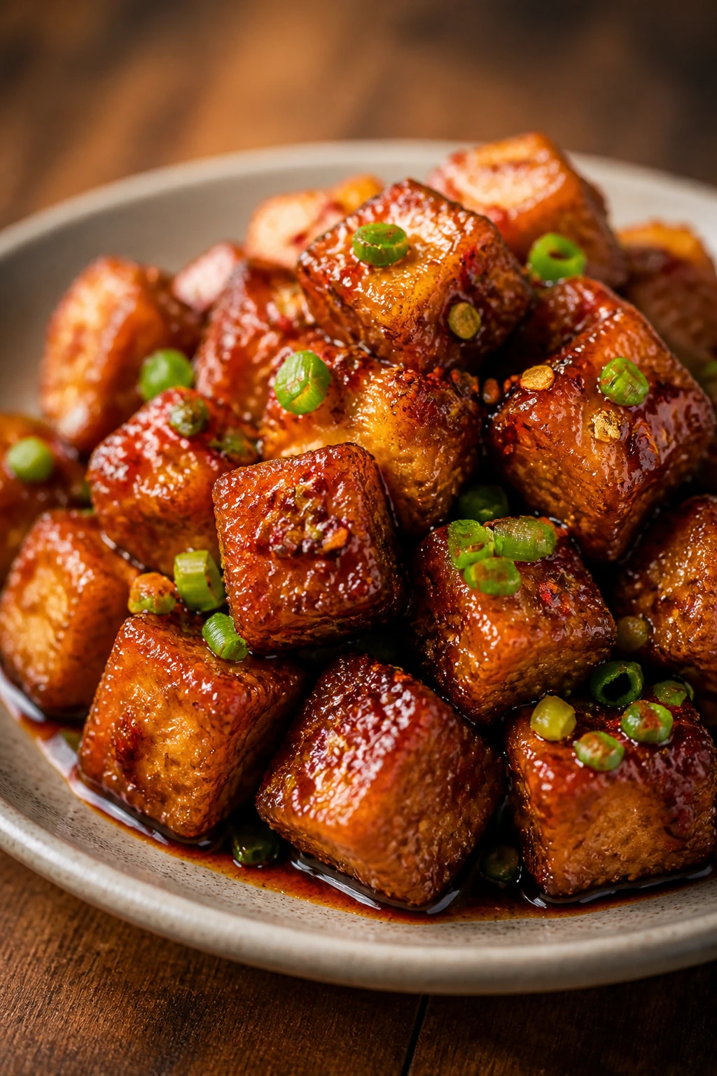 Crispy General Tso’s tofu cubes in glossy dark sauce