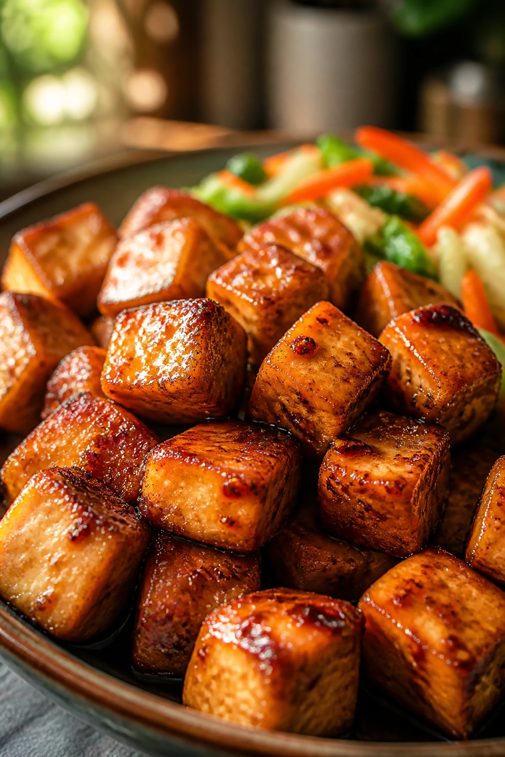 Close-up of crispy glazed tofu cubes in a skillet with vegetables blurred in the background