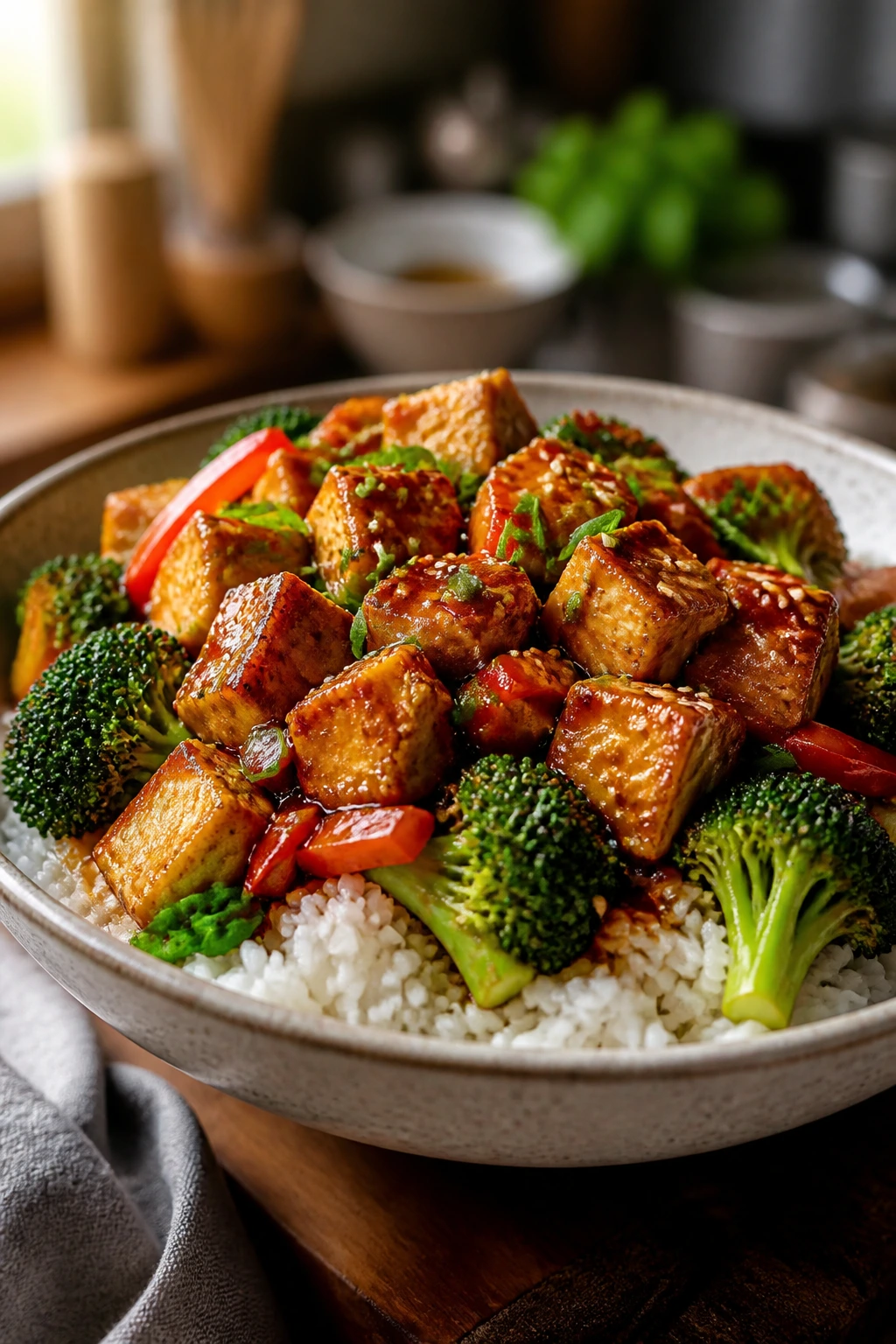 Plated tofu dinner over rice with vegetables in a shallow bowl