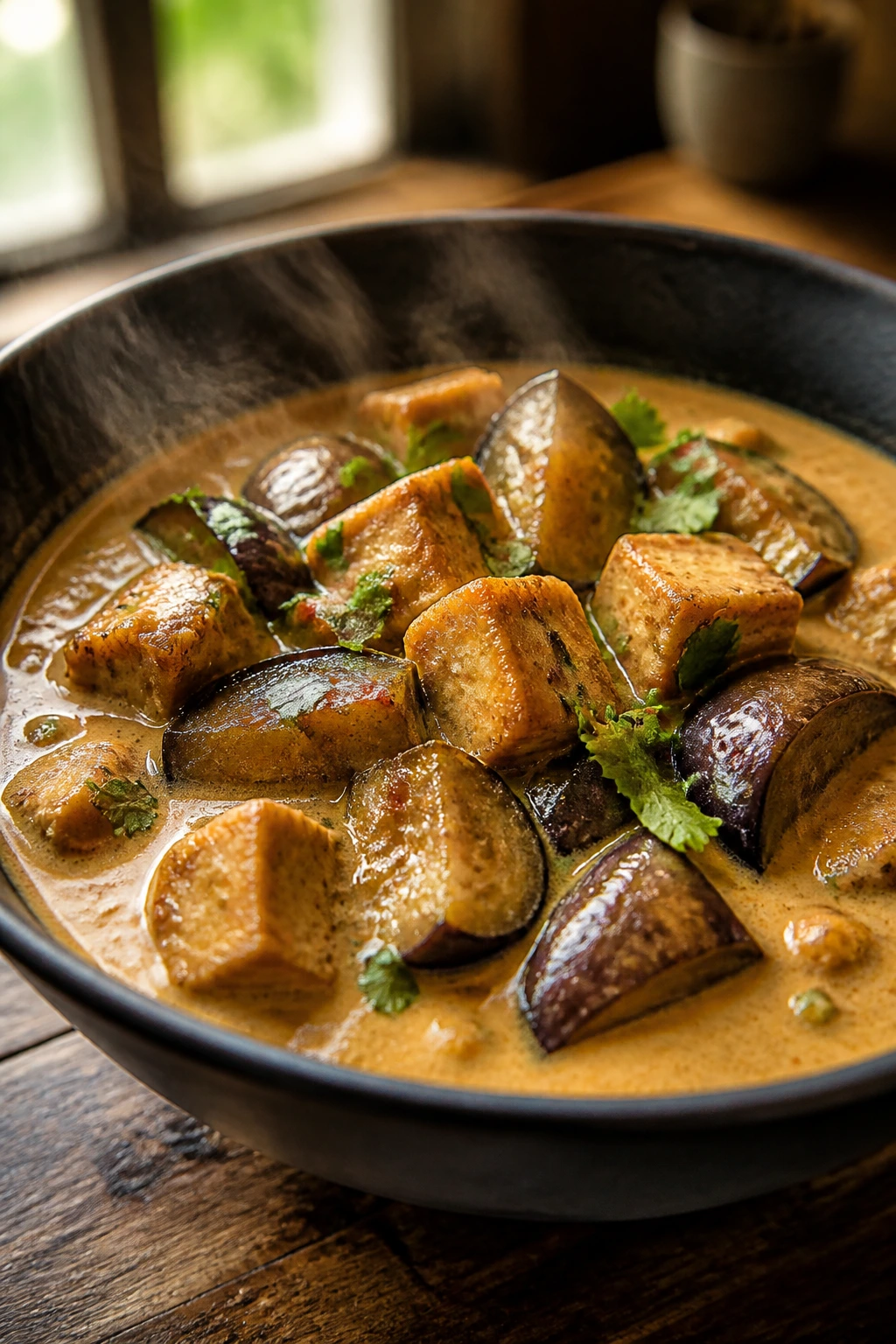 Close-up of tofu and eggplant in coconut-miso curry in a glossy bowl