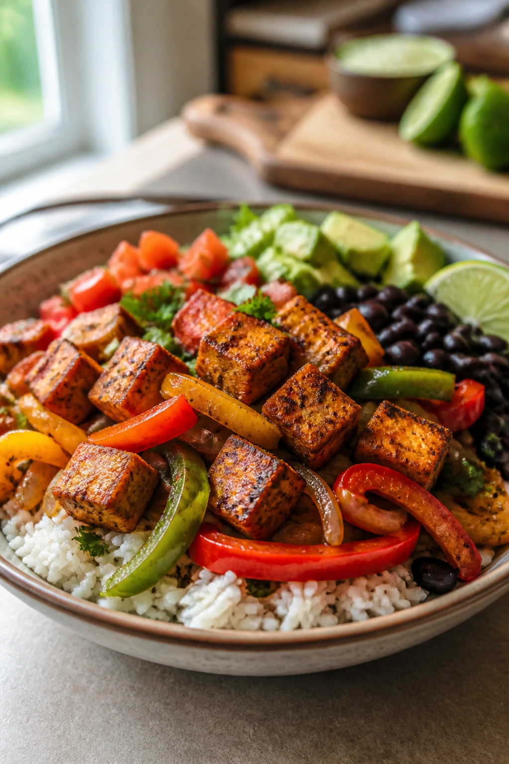 Close-up of crispy tofu with peppers and rice in a burrito bowl on a kitchen counter