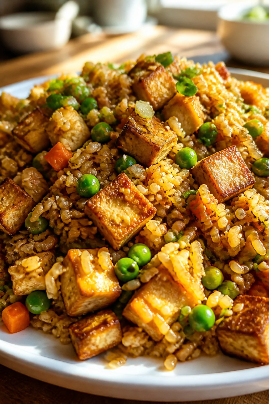 Tofu fried rice with crispy tofu and vegetables on a plate