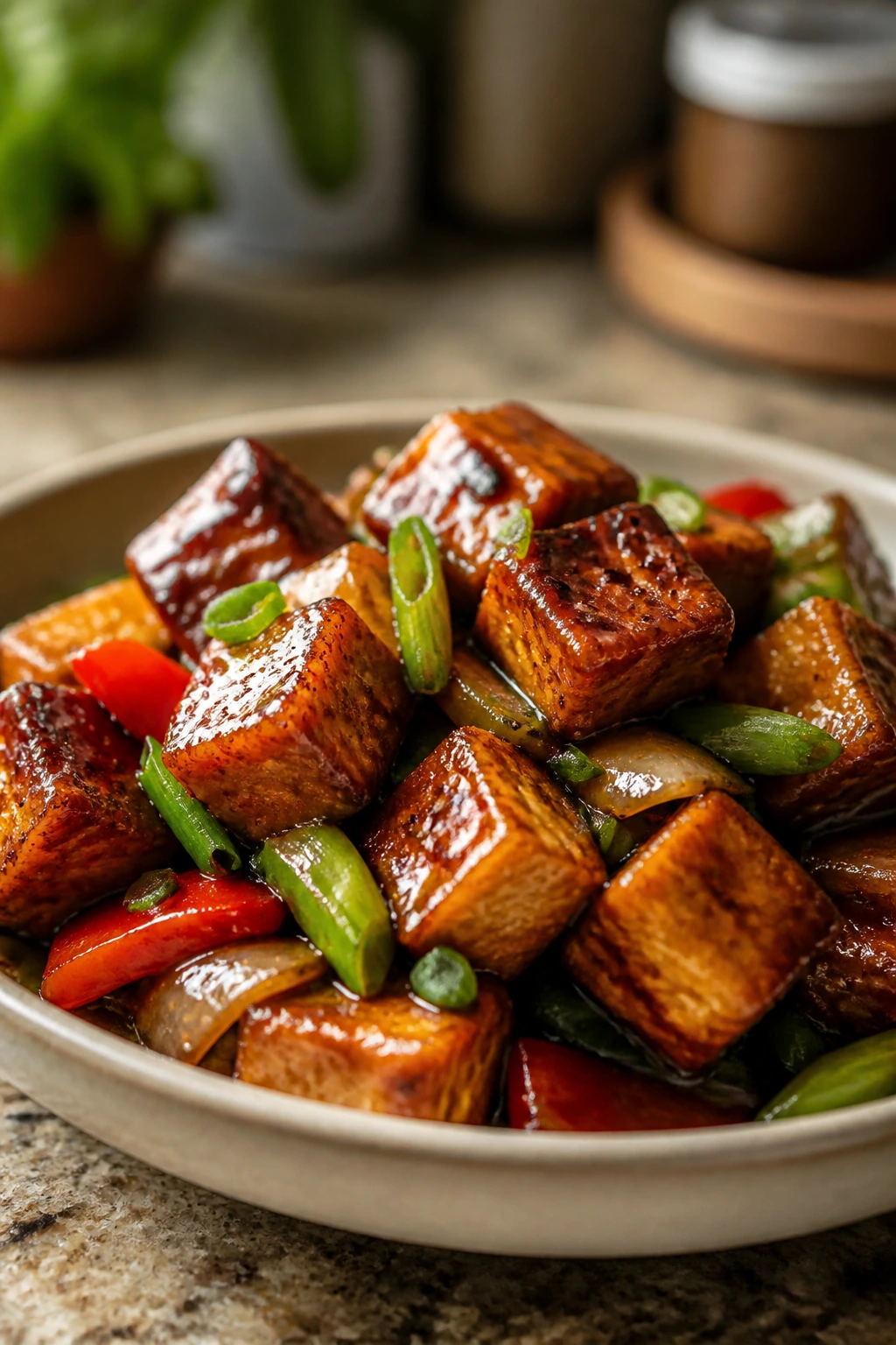 Close-up of glossy tofu cubes in sticky sauce on a plate, takeout-style dinner
