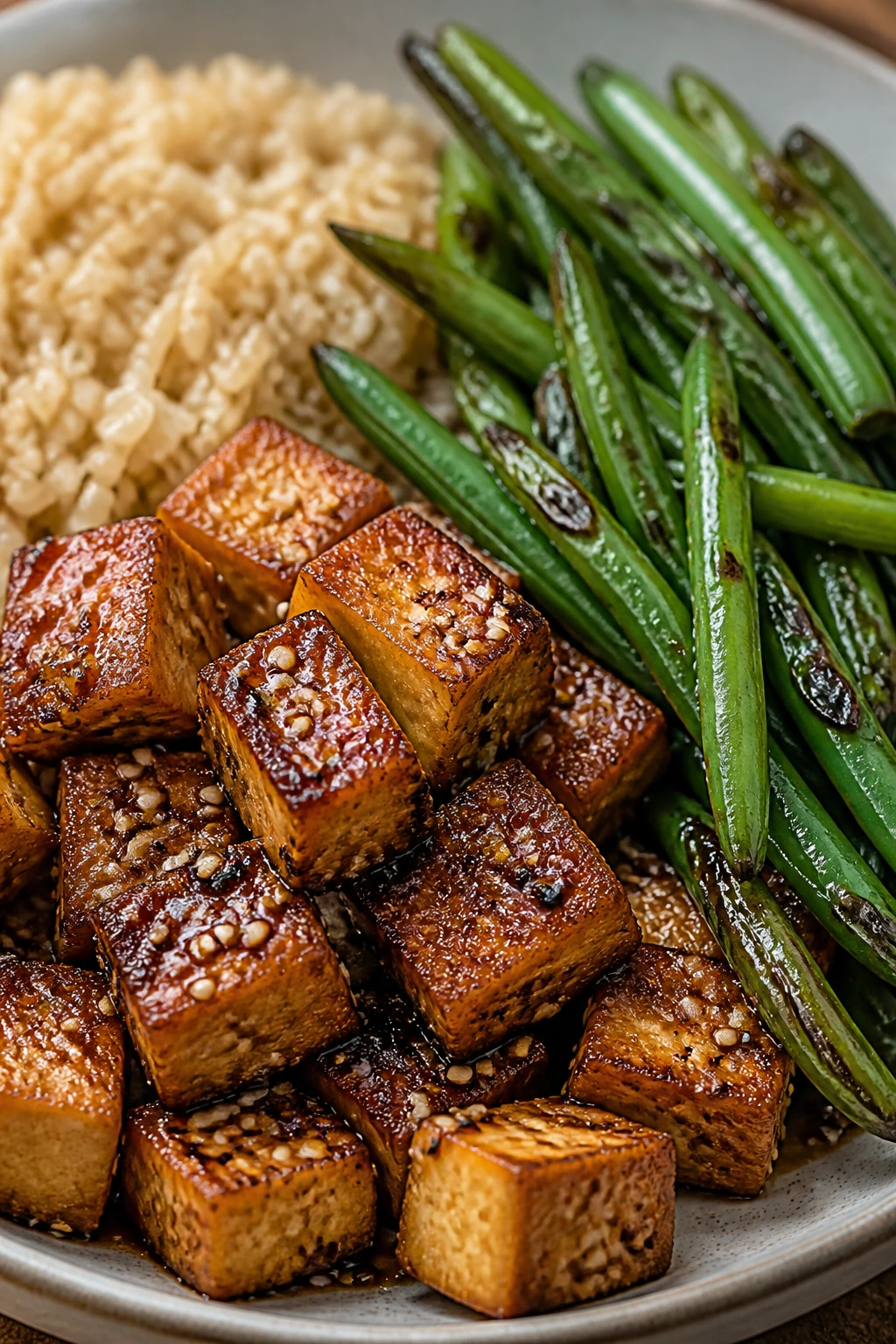 Crispy sesame-ginger tofu with green beans and brown rice on plate