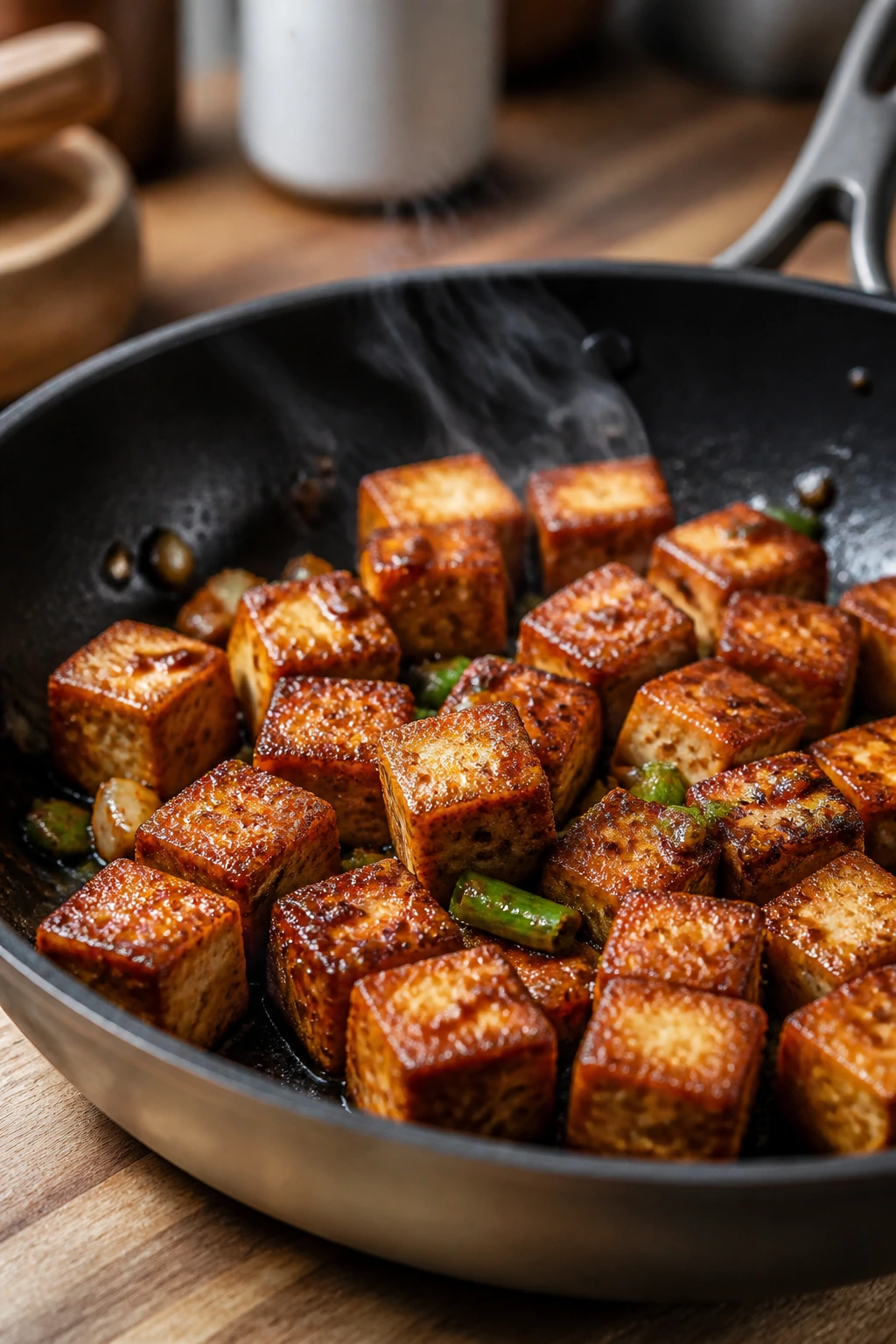 Crisp browned tofu with glossy sauce in a hot pan