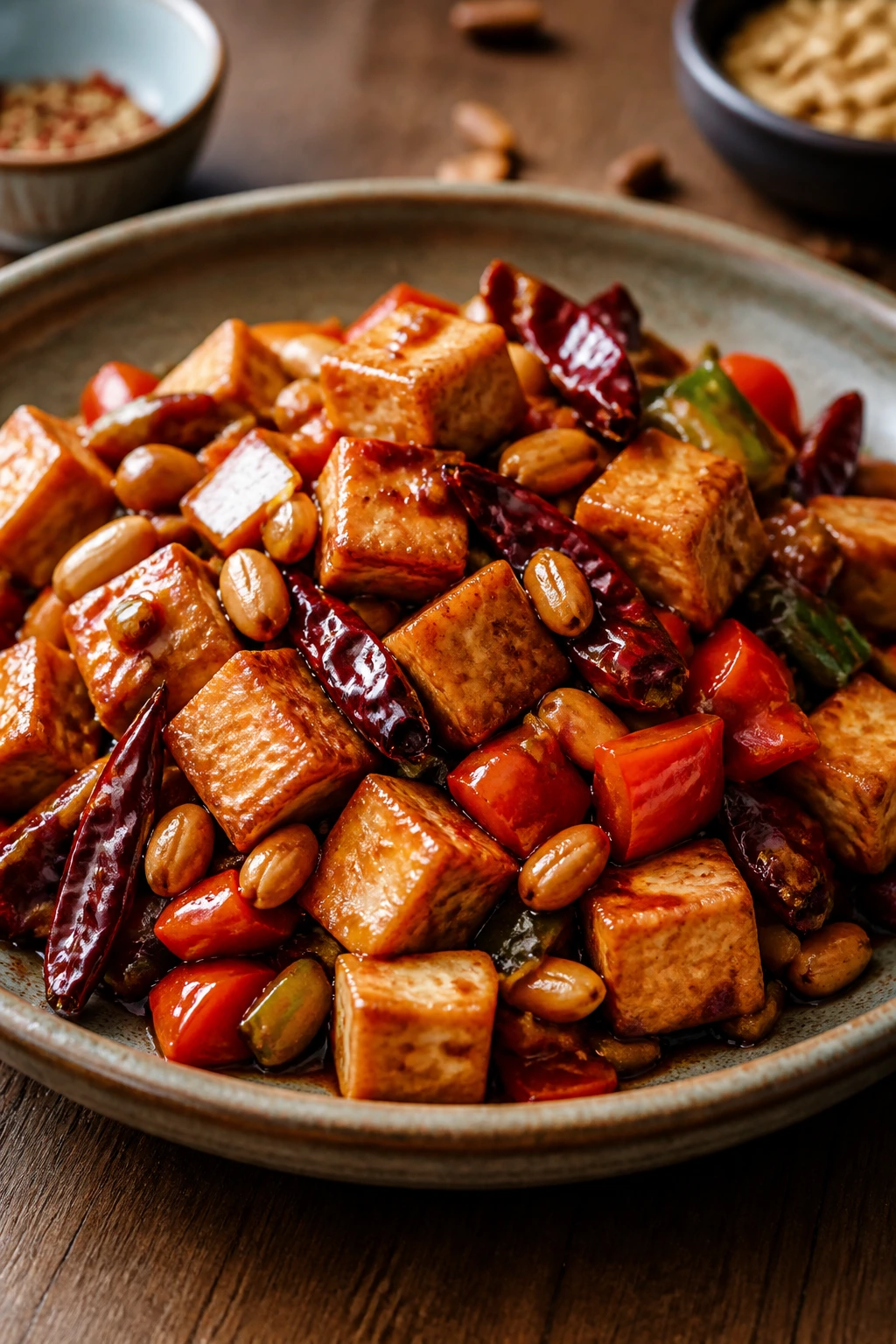 Kung Pao tofu with peanuts and peppers