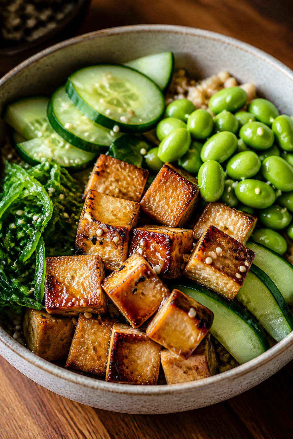 Tofu bowl with edamame and cucumber on wooden table.