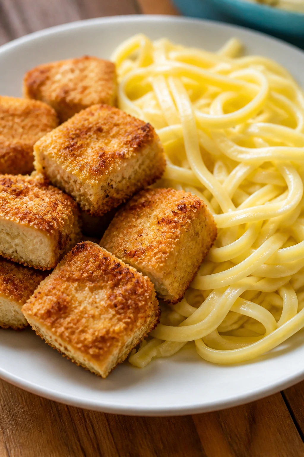 Crispy baked tofu nuggets with buttery noodles on plate