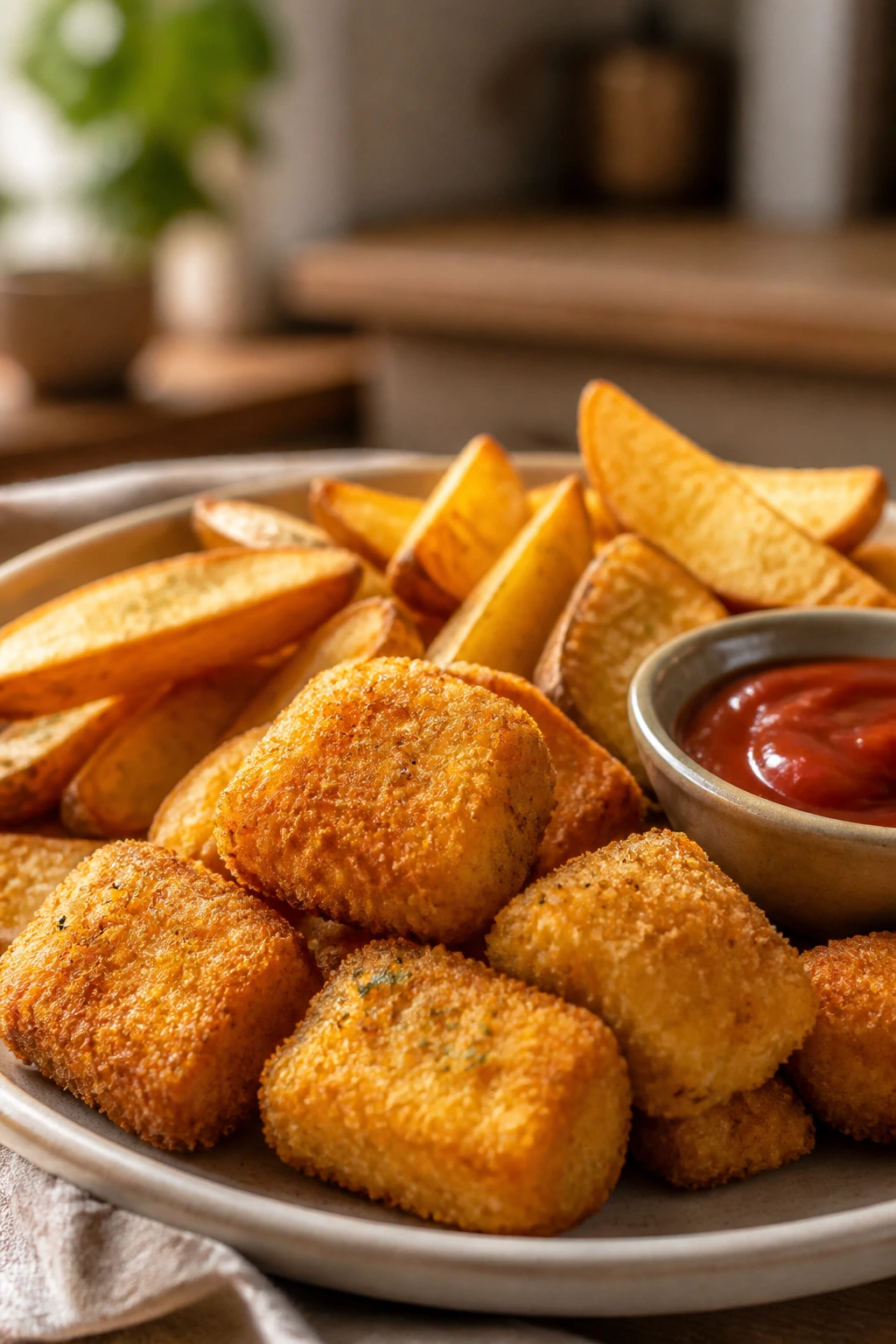 Close-up of crispy tofu nuggets and potato wedges