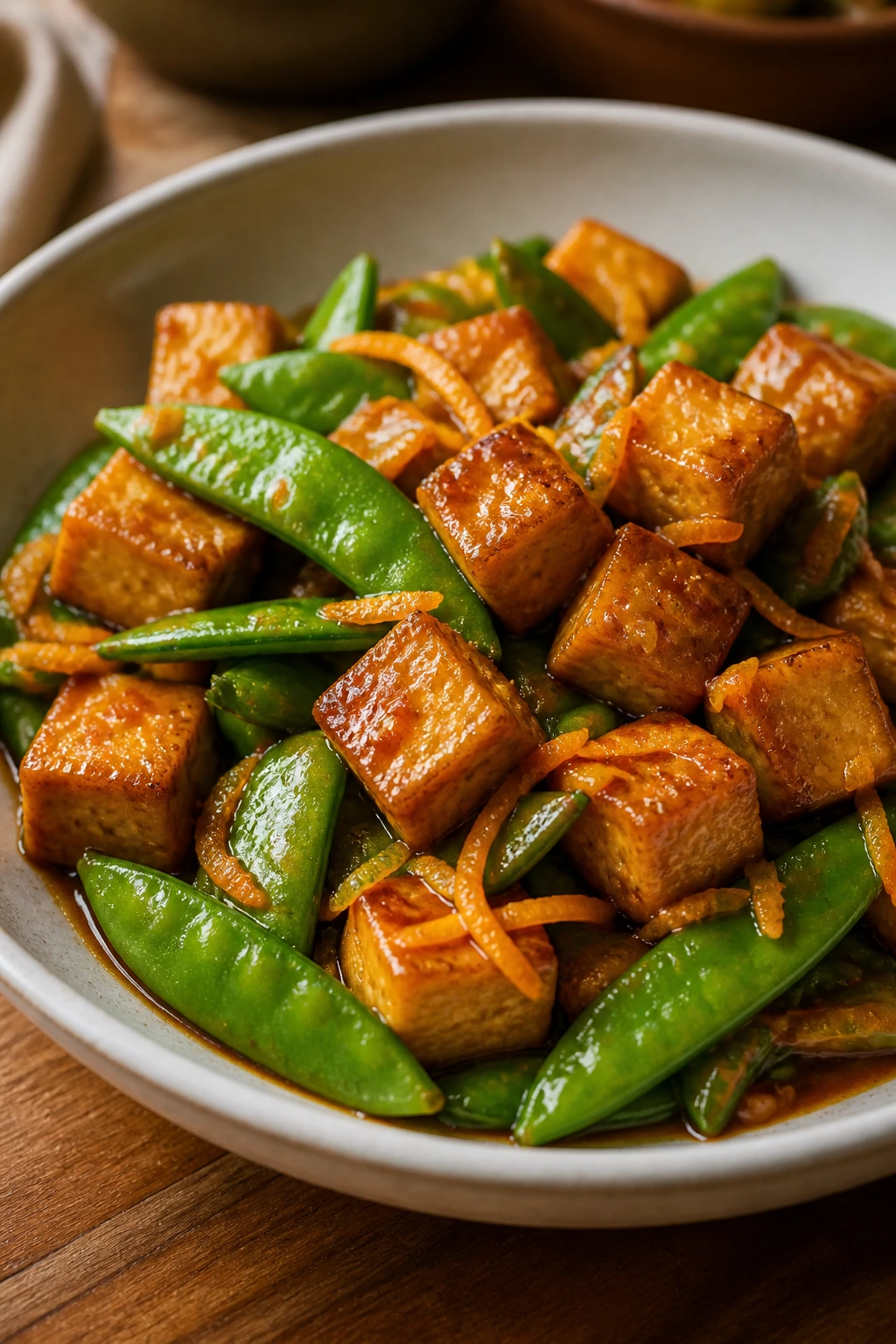 Orange-glazed tofu with snap peas on a plate