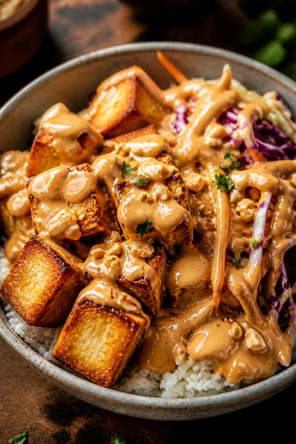 Close-up of Thai peanut tofu rice bowl with cabbage and carrots in a kitchen