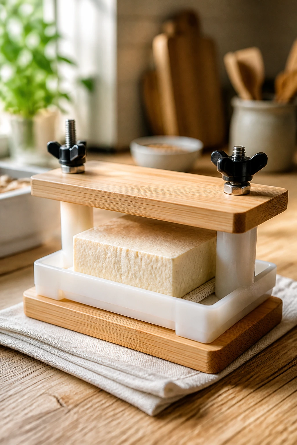 Close-up of a tofu press in a bright home kitchen