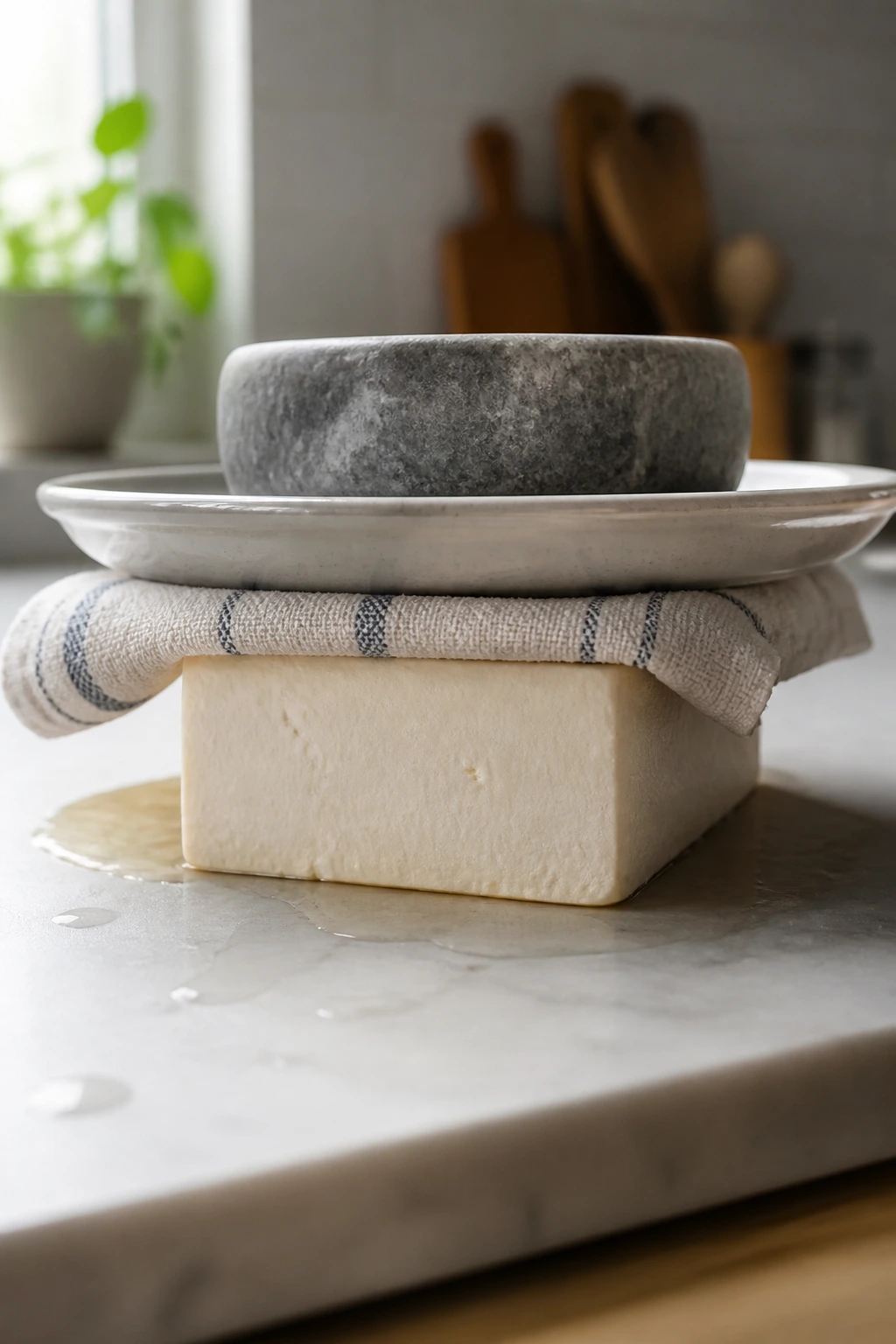 Tofu being pressed under a heavy plate with towel on counter