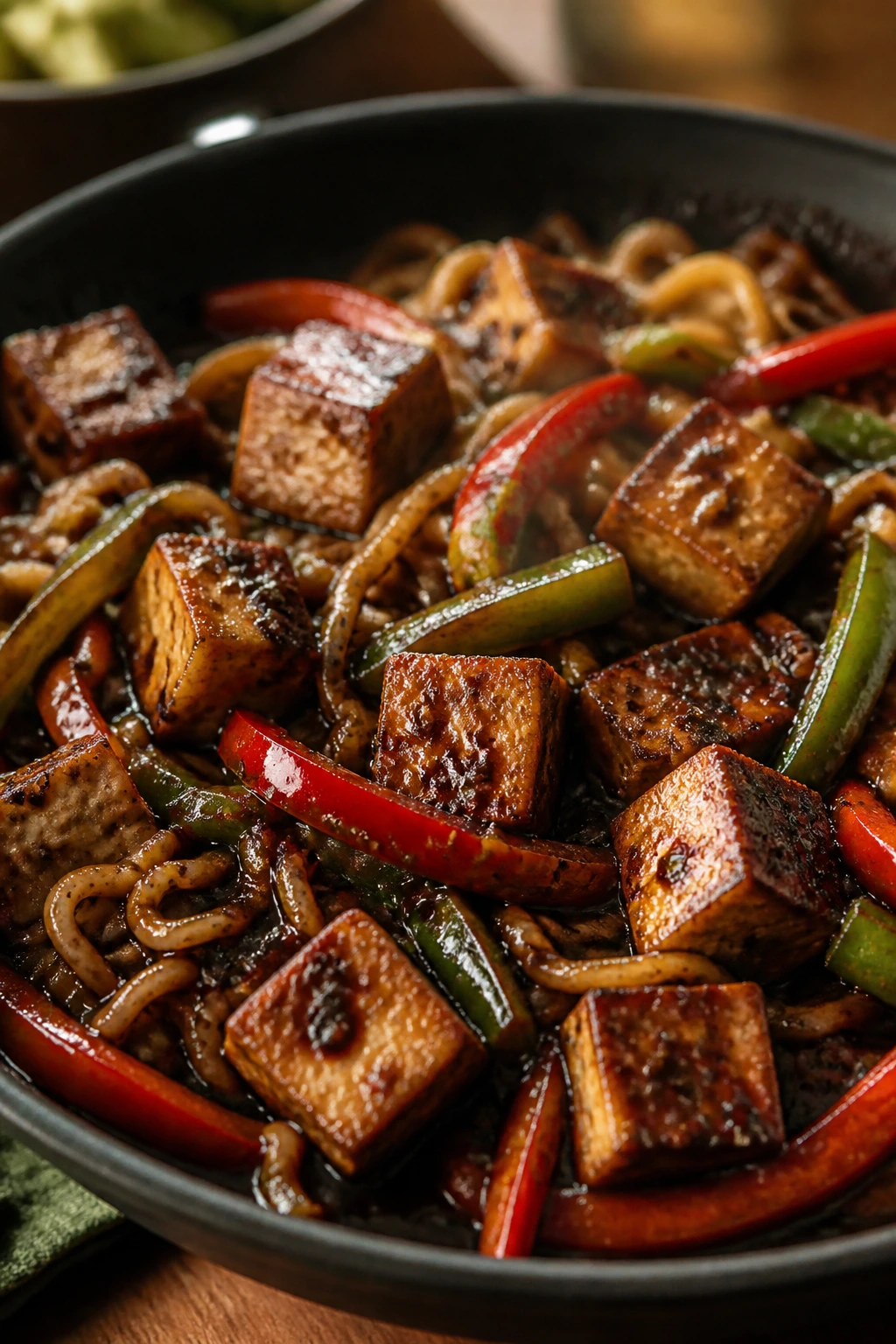 Tofu in black bean sauce with peppers and ramen noodles