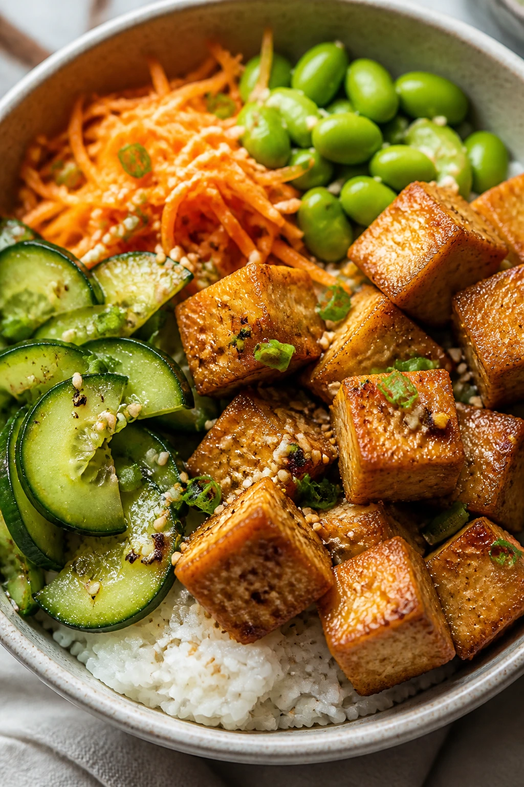Close-up sesame cucumber tofu rice bowl