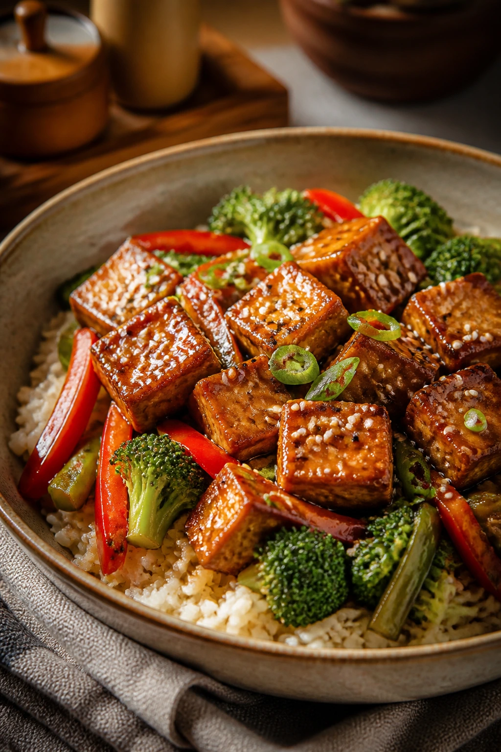 Close-up of sesame-crusted tofu over rice with broccoli and peppers
