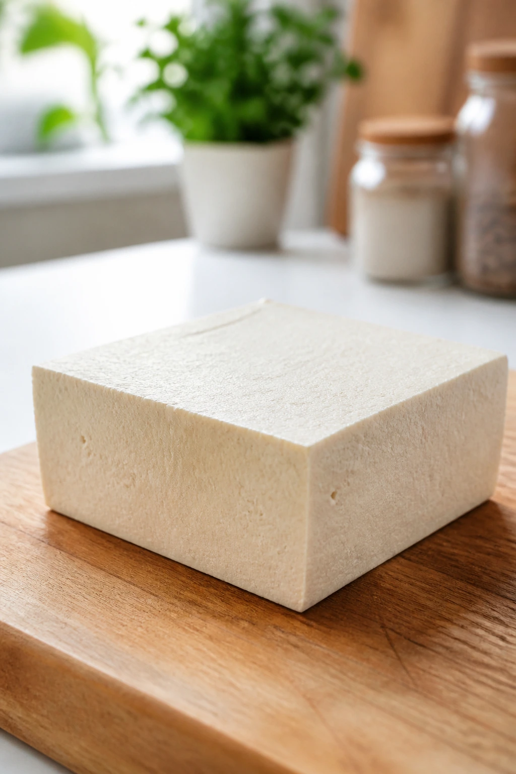 Close-up of a plain tofu block on a cutting board in a bright kitchen
