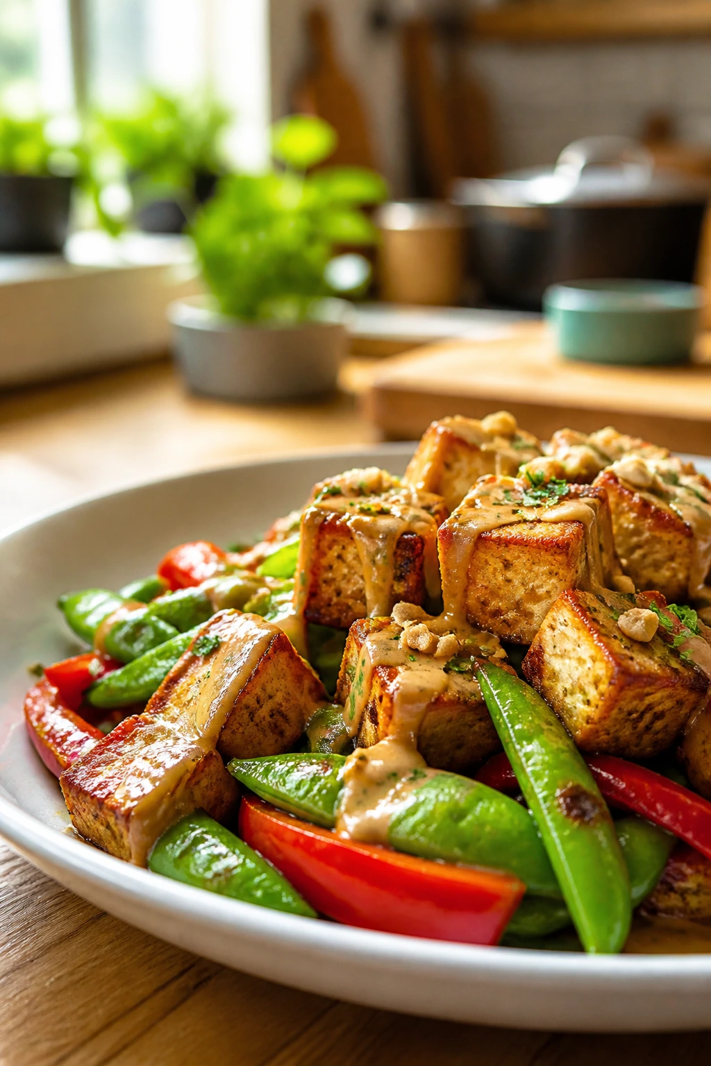Close-up of crispy tofu with snap peas and peanut sauce in a cozy kitchen