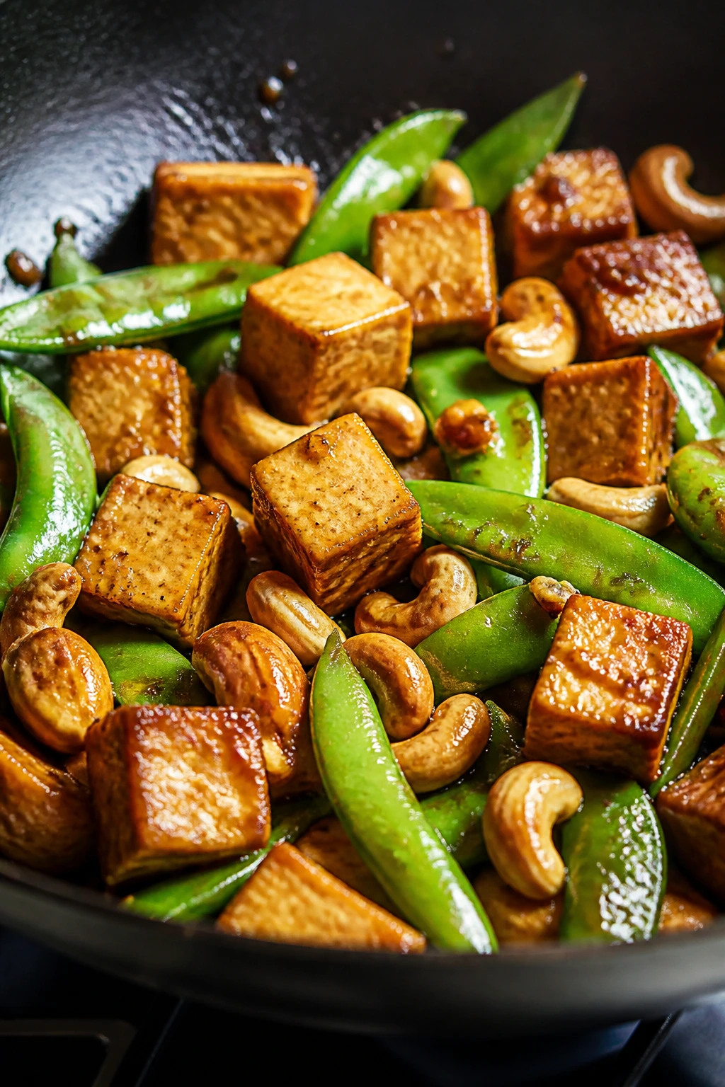 Cashew tofu snow peas stir-fry in a wok