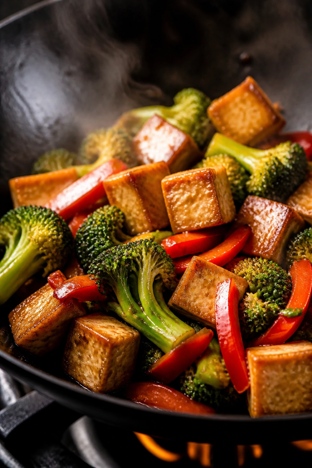 Close-up of crispy tofu with broccoli and red pepper in a hot wok