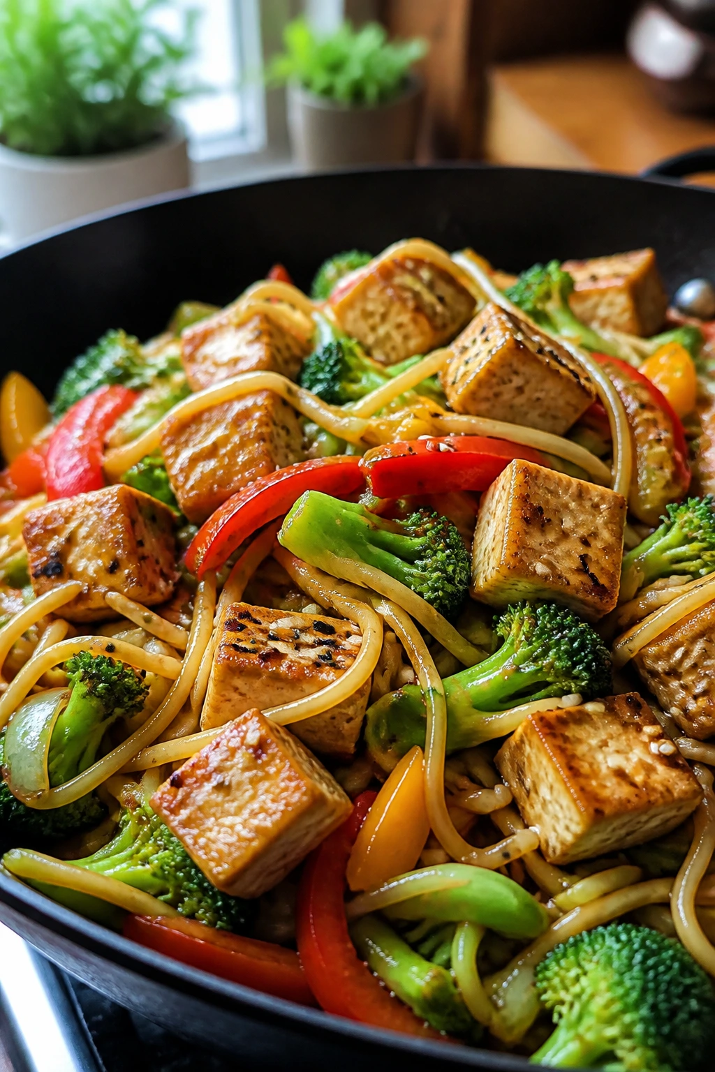 Close-up of tofu stir-fry with noodles and vegetables in a pan.