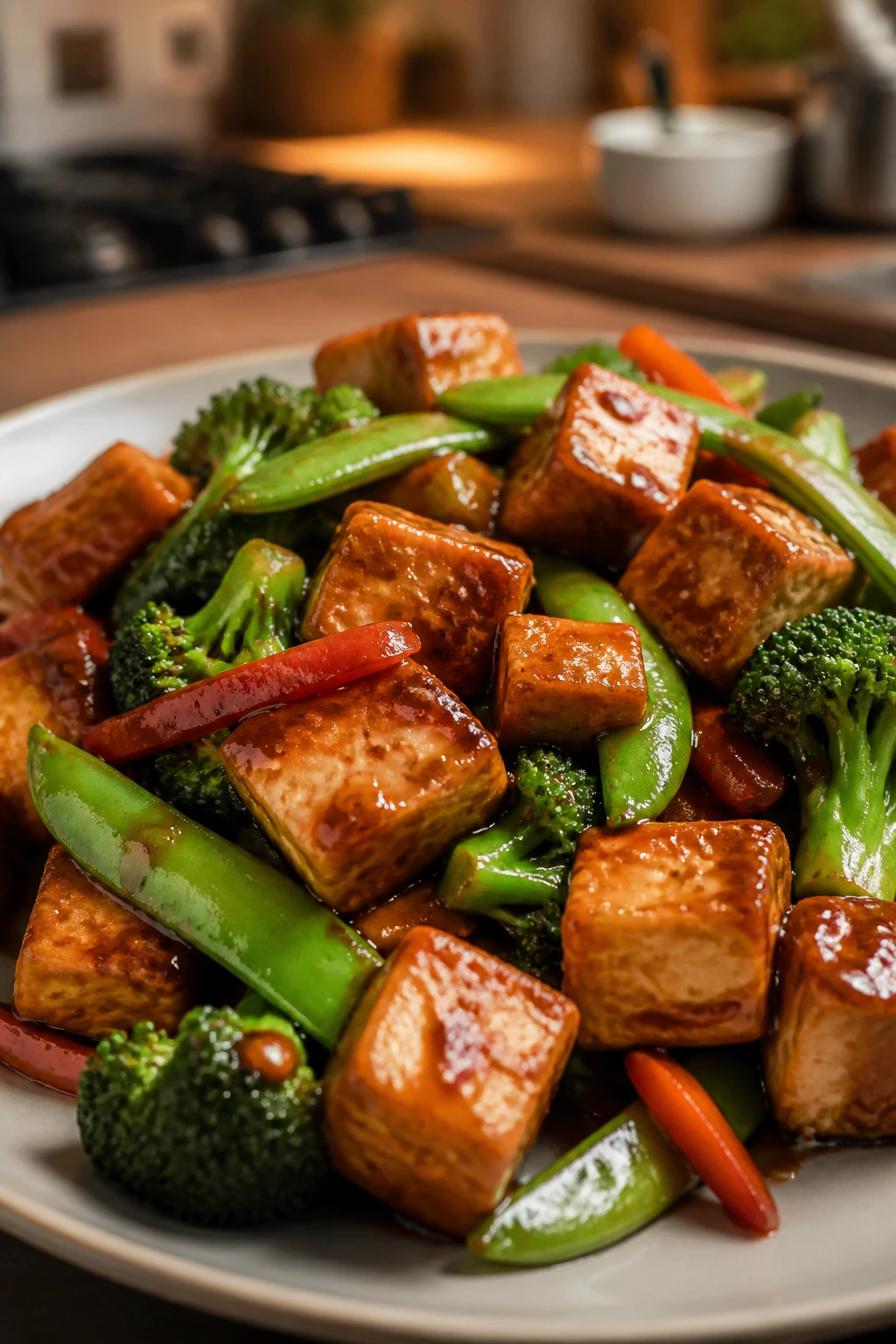 Close-up of teriyaki tofu stir-fry with broccoli and snap peas
