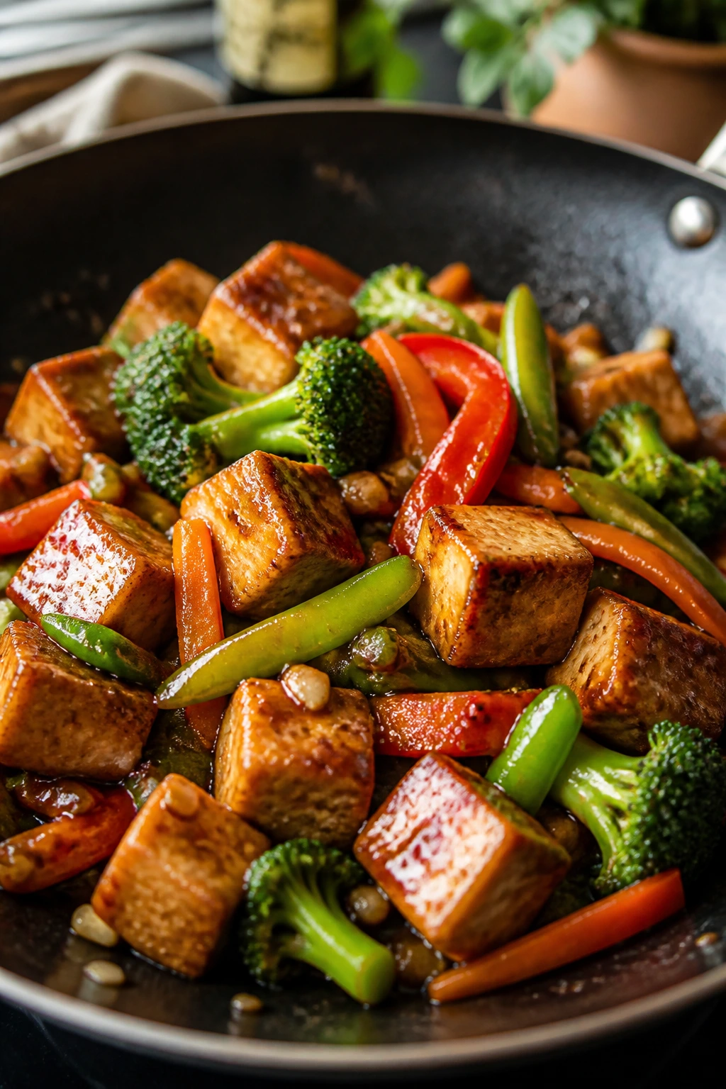 Close-up of tofu and vegetables in teriyaki sauce in a skillet