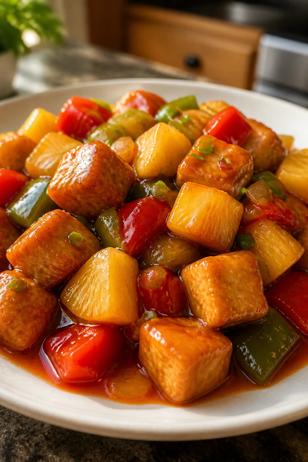 Sweet-and-sour tofu with pineapple on a plate