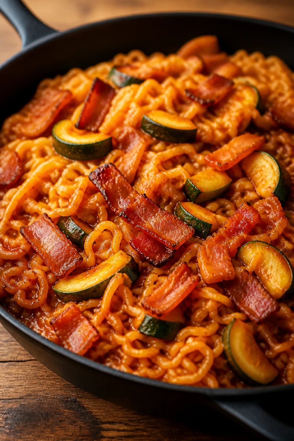Tomato bacon ramen with zucchini in a skillet