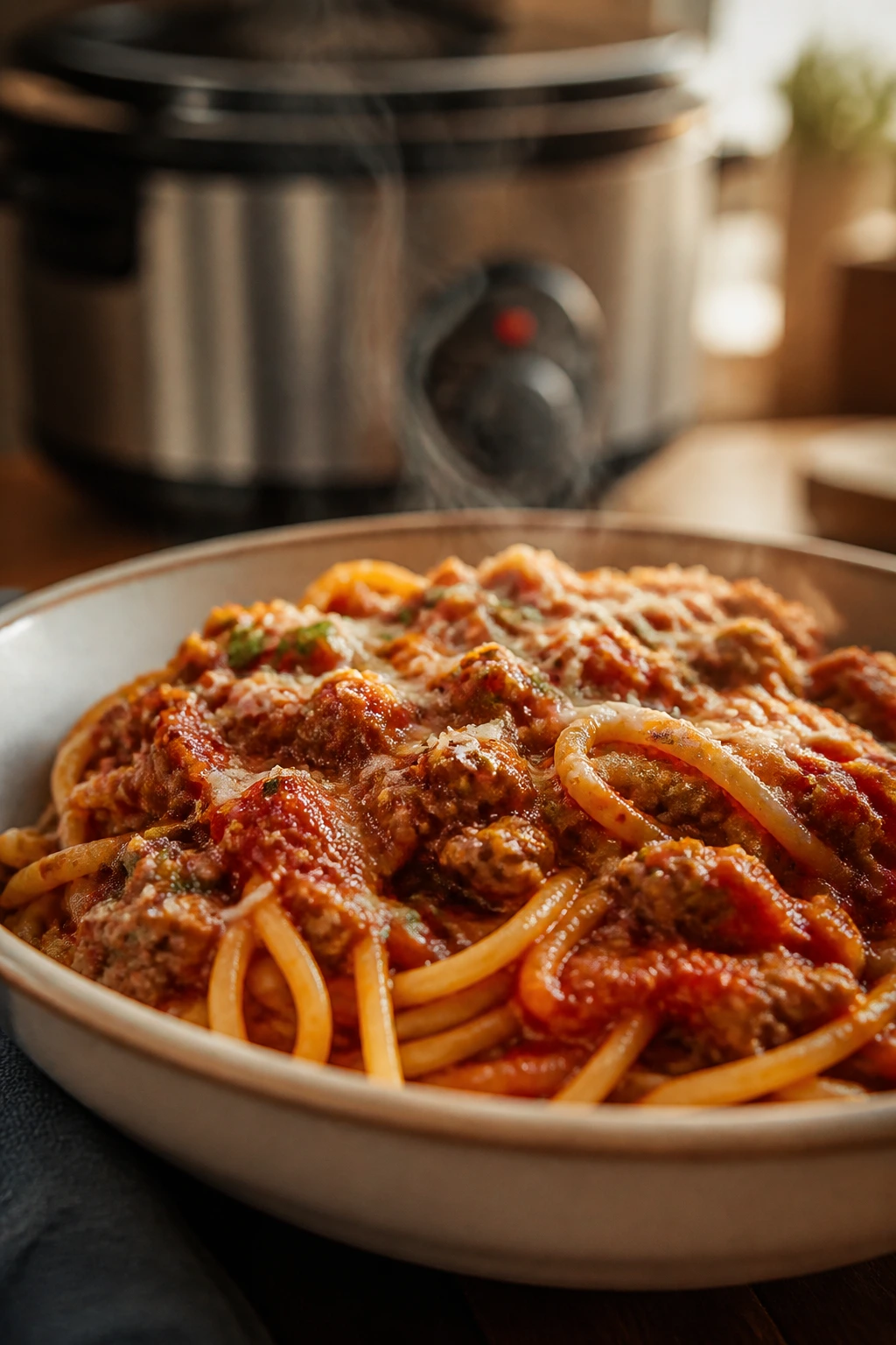 Bowl of slow cooker tomato basil beef spaghetti