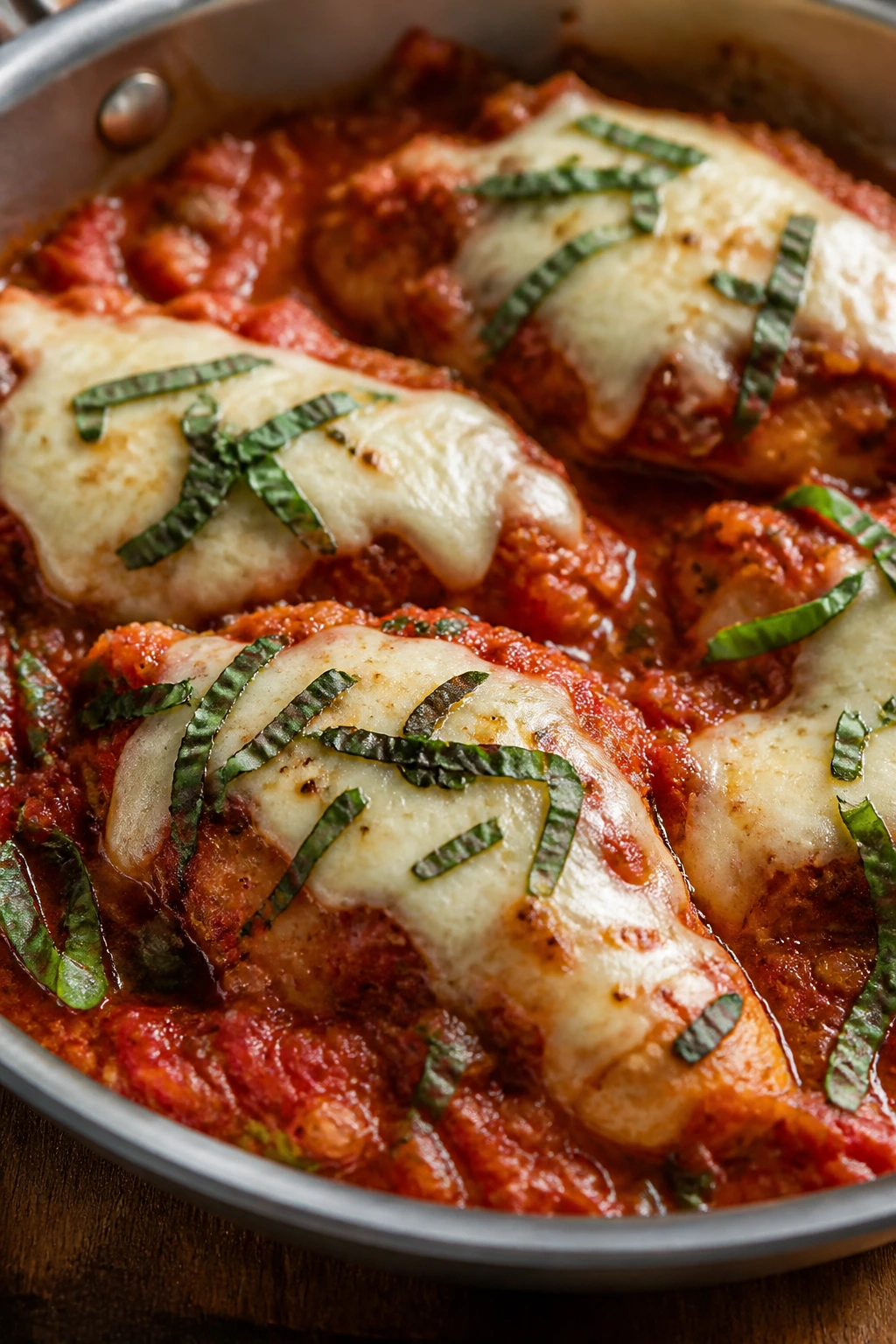 Tomato basil smothered chicken with melted mozzarella in skillet
