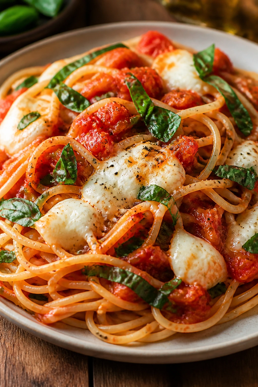 Pasta with tomato basil mozzarella on a plate