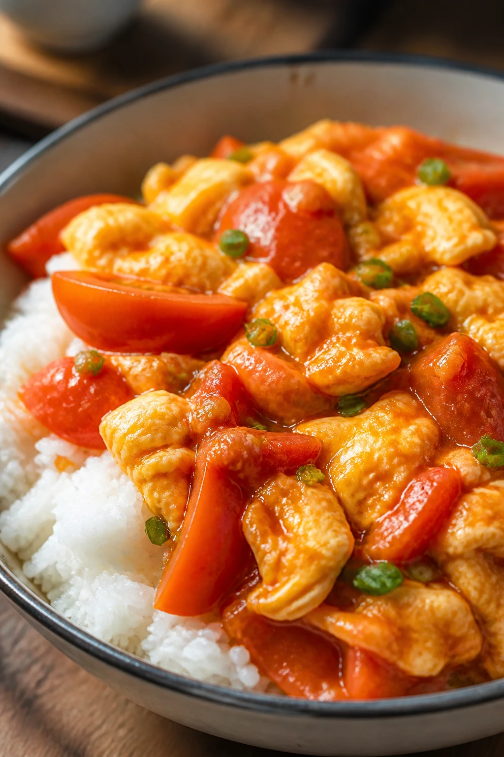 Tomato egg stir-fry over rice in a bowl