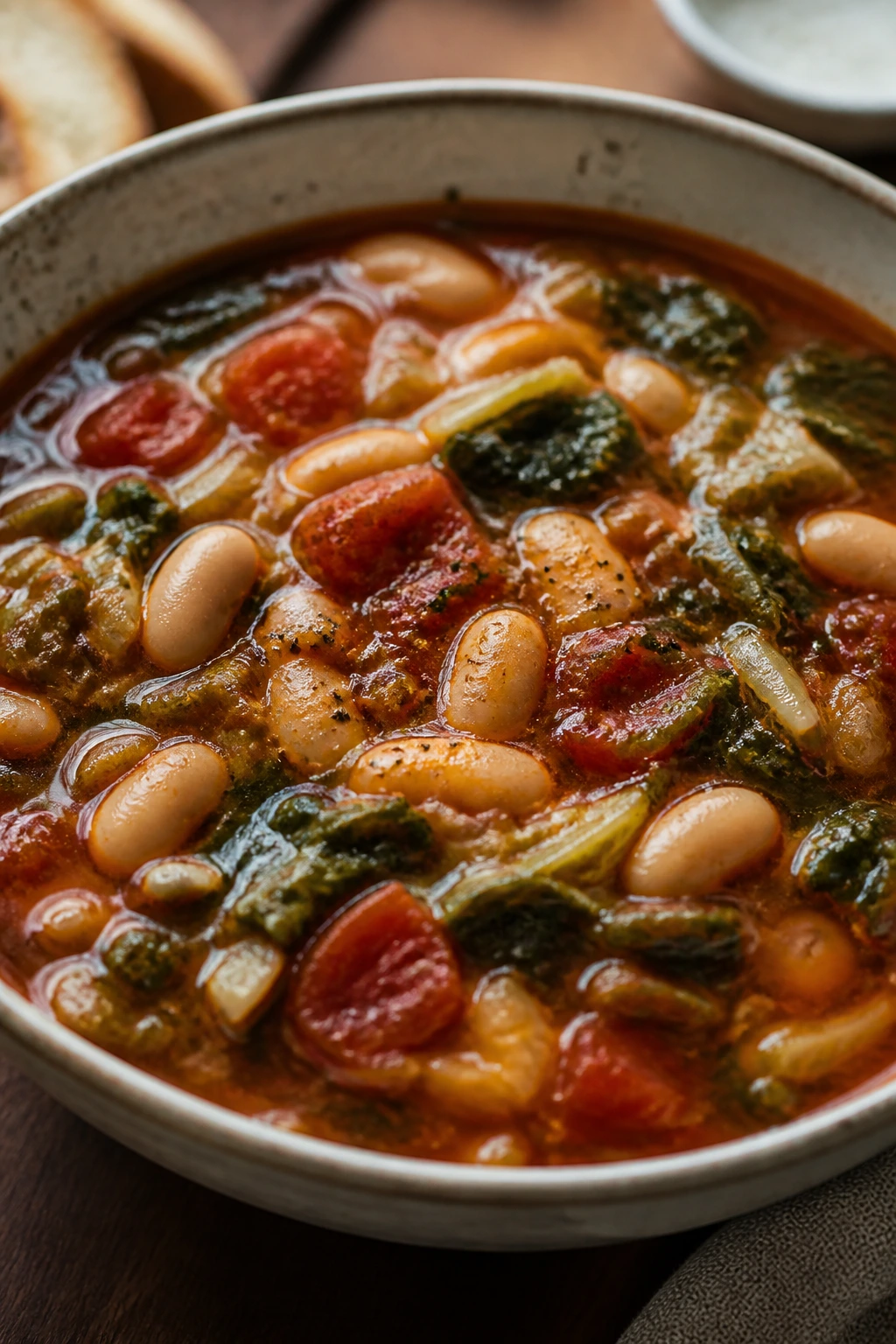 Close-up of Rustic Tomato White Bean Escarole Stew with beans and greens in a bowl