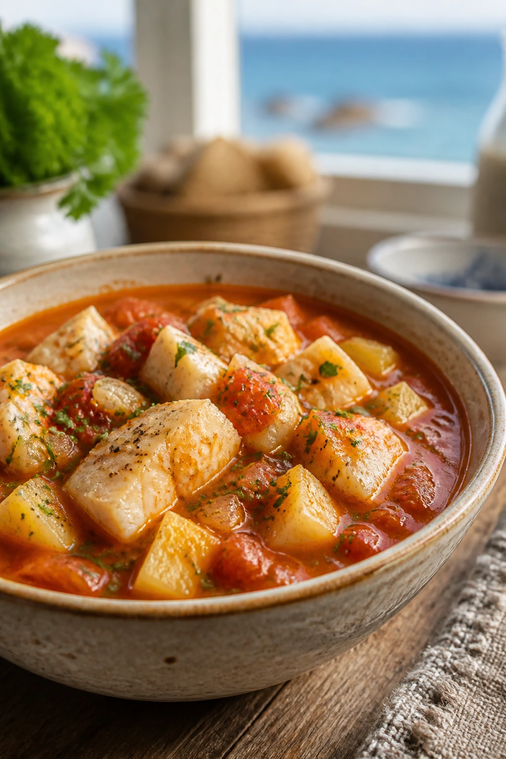 Close-up of tomato fish chowder with fish and potatoes