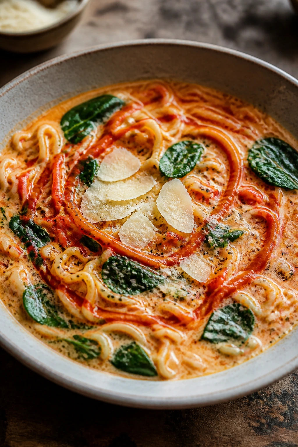 Tomato Parmesan ramen with tomato paste, Parmesan, and spinach in a bowl