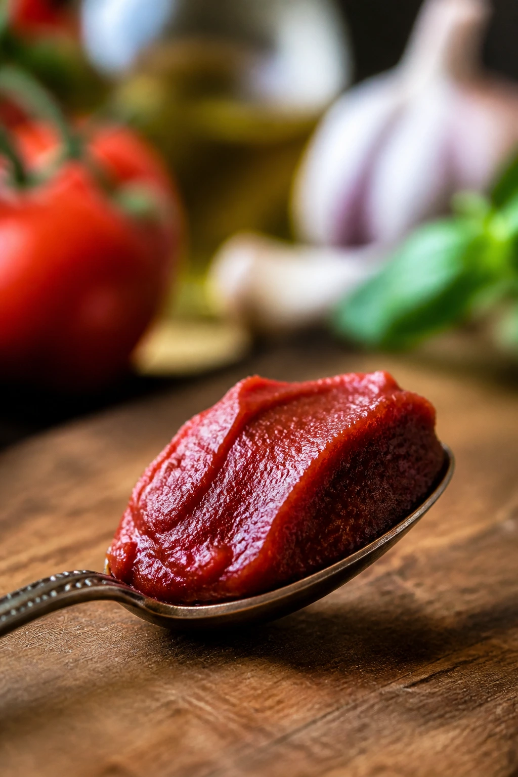 Teaspoon with tomato paste on wooden surface