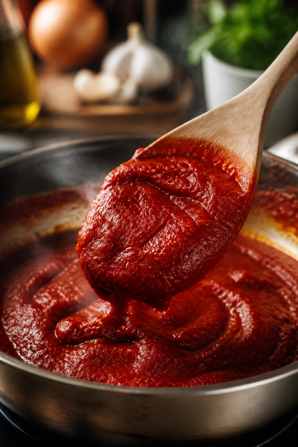 Spoon mixing tomato paste into red sauce in a pan