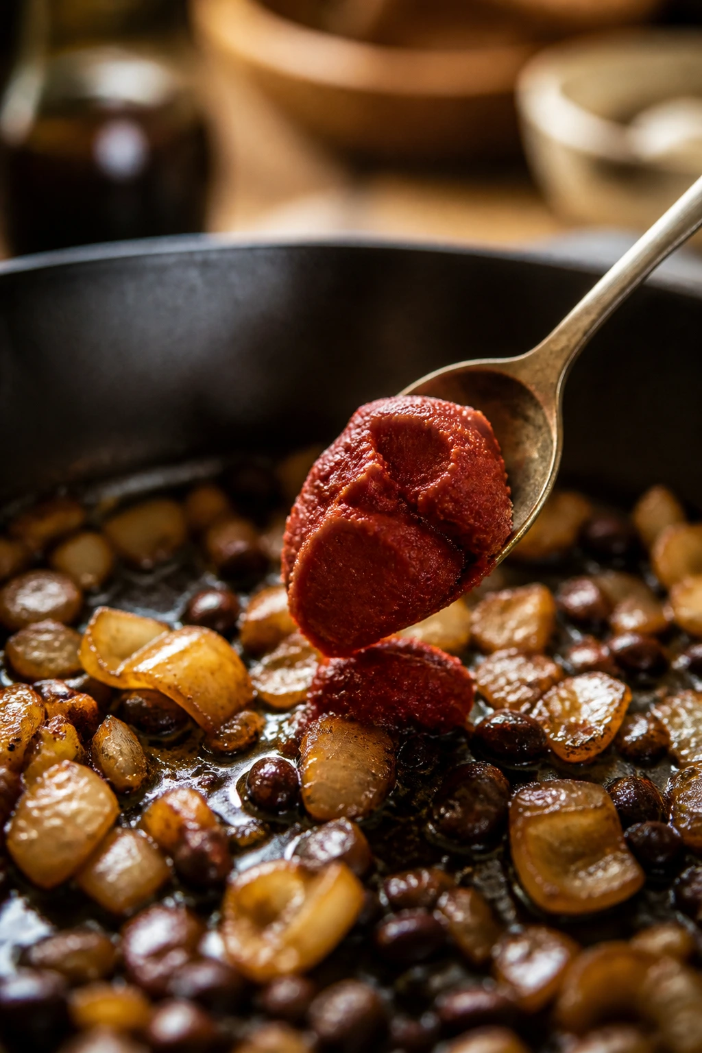 Tomato paste being added to a pan for flavor boosters