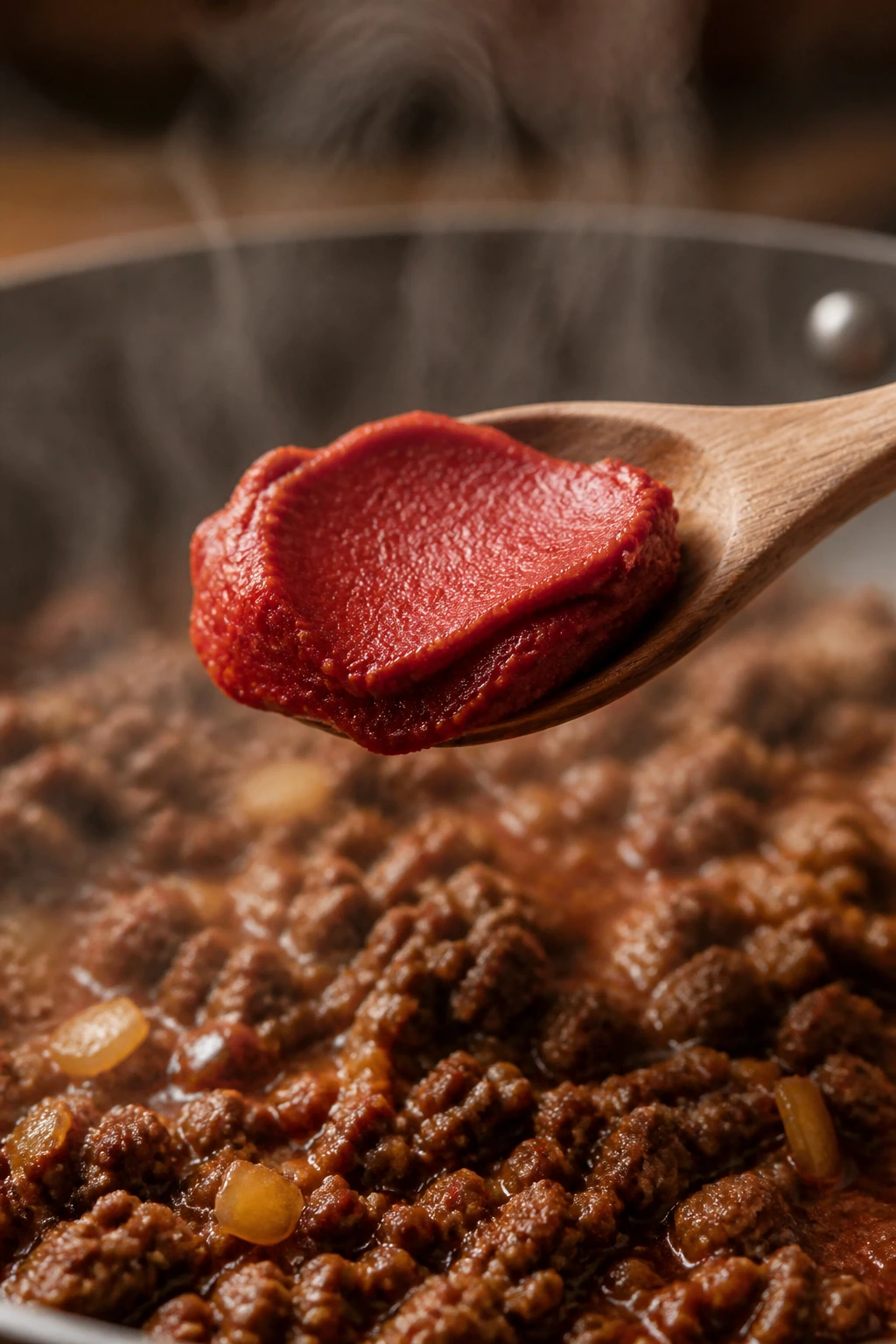 Spoonful of tomato paste over a simmering beef skillet