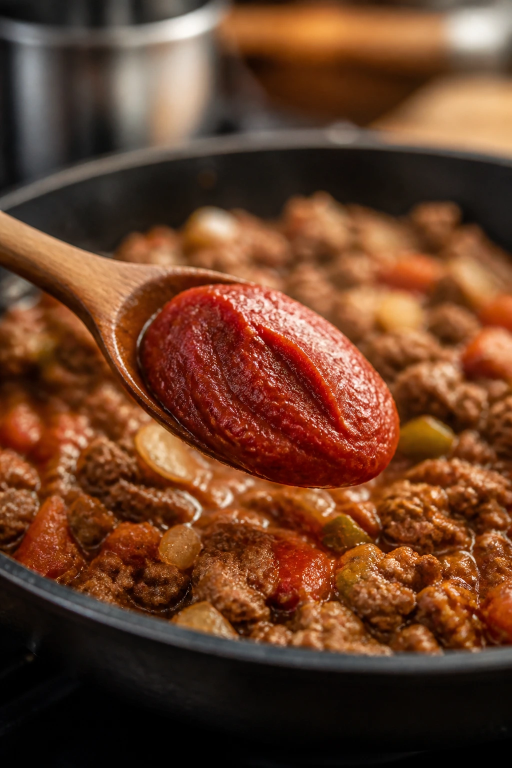 Spoonful of tomato paste added to a pan for flavor