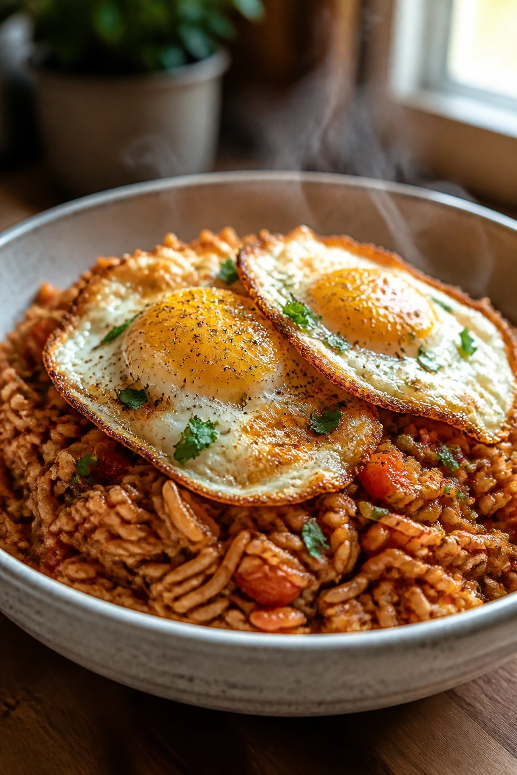 Tomato rice topped with crispy-edged fried eggs in a bowl