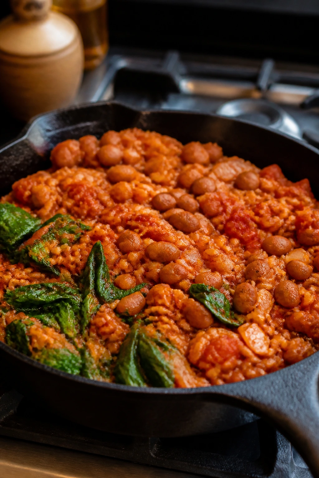 Close-up of tomato-red rice and pinto beans in a skillet