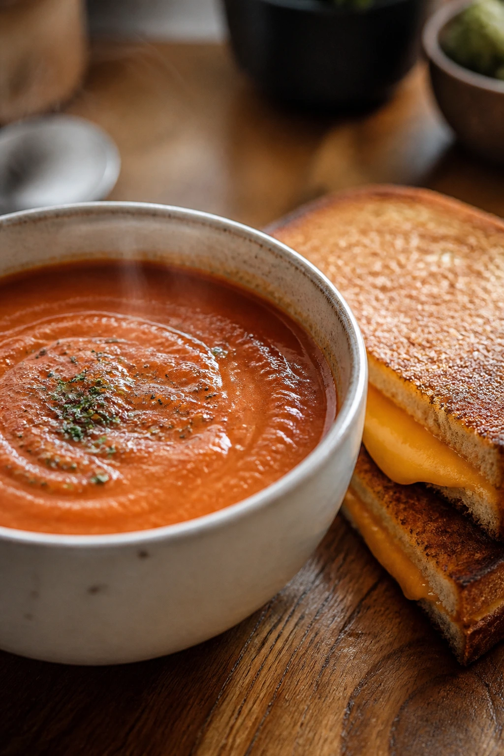 Steaming bowl of tomato soup with grilled cheese on a wooden table