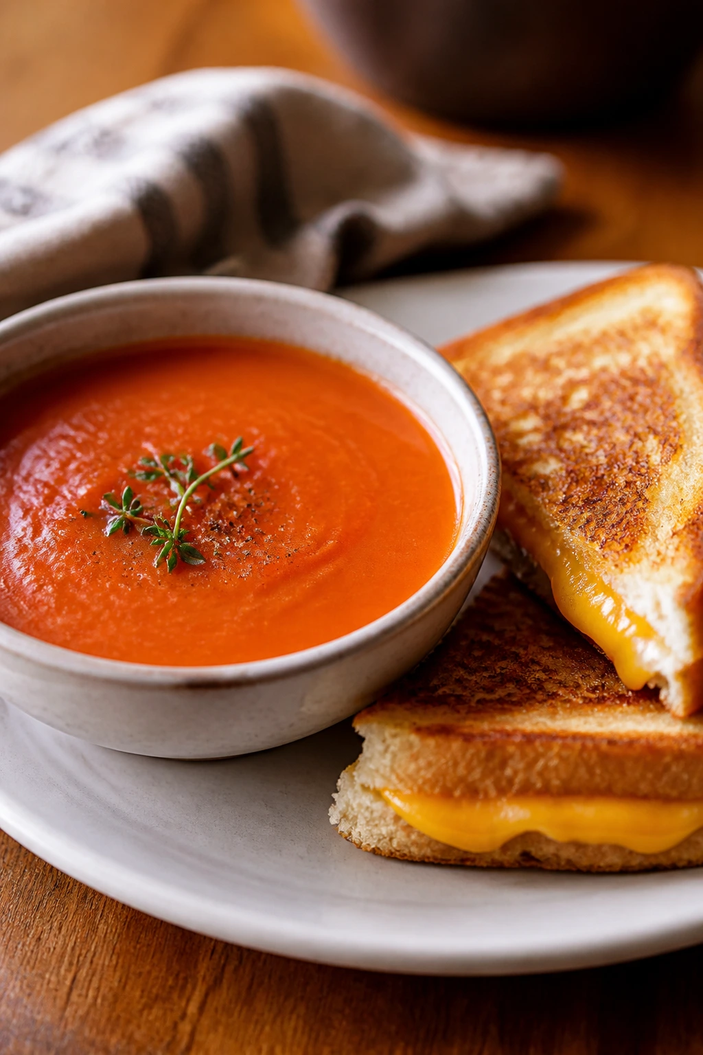 Bowl of tomato soup with grilled cheese sandwich on wooden table