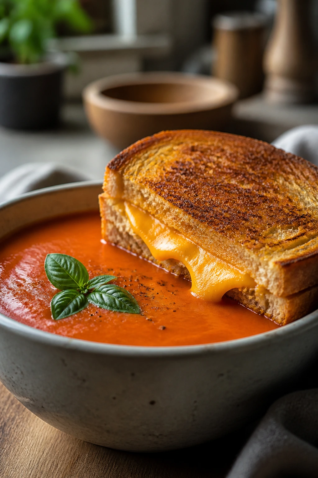 Bright tomato soup with a grilled cheese toast on the edge of the bowl in a cozy kitchen.