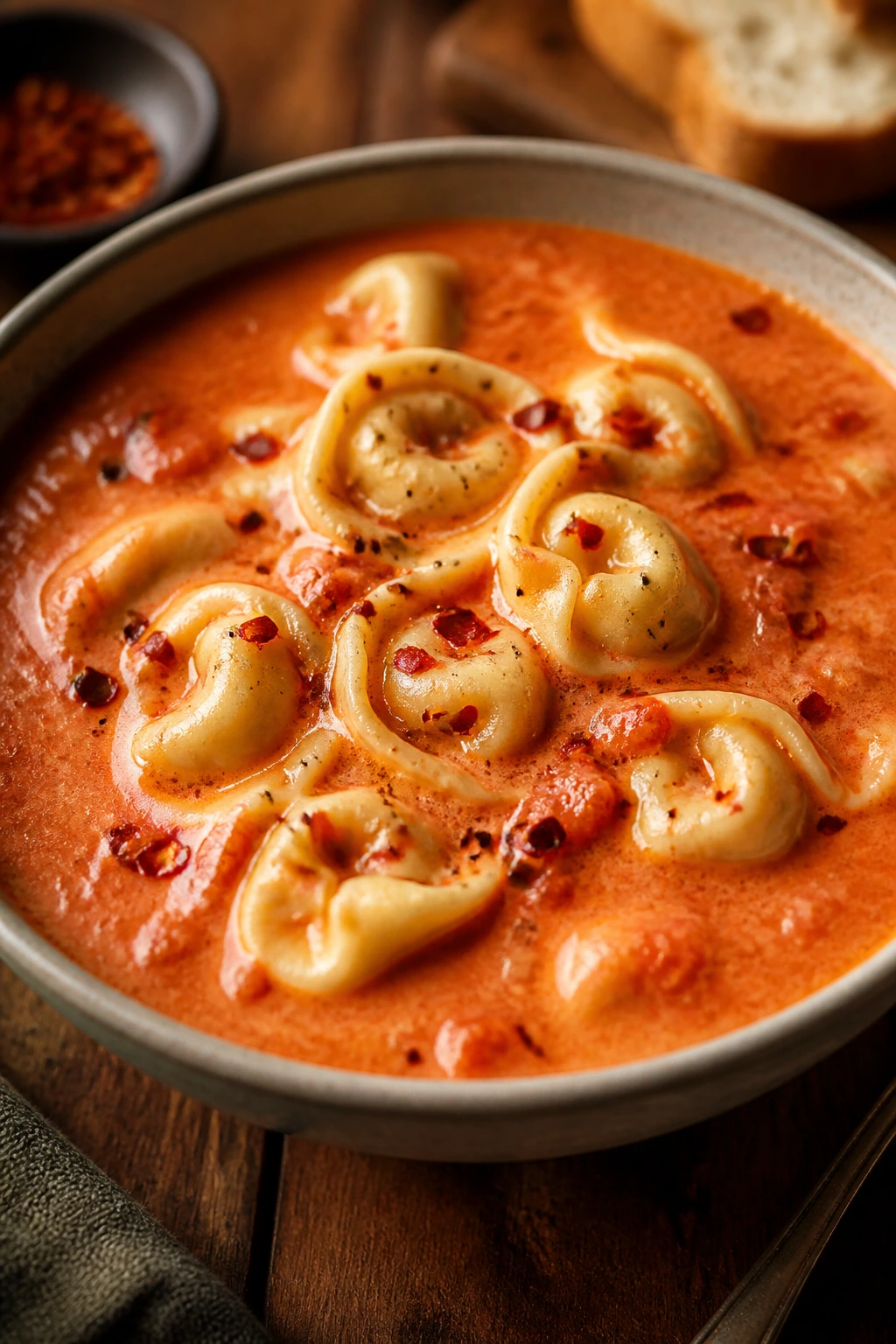 Creamy tomato tortellini soup with cheese tortellini in a bowl