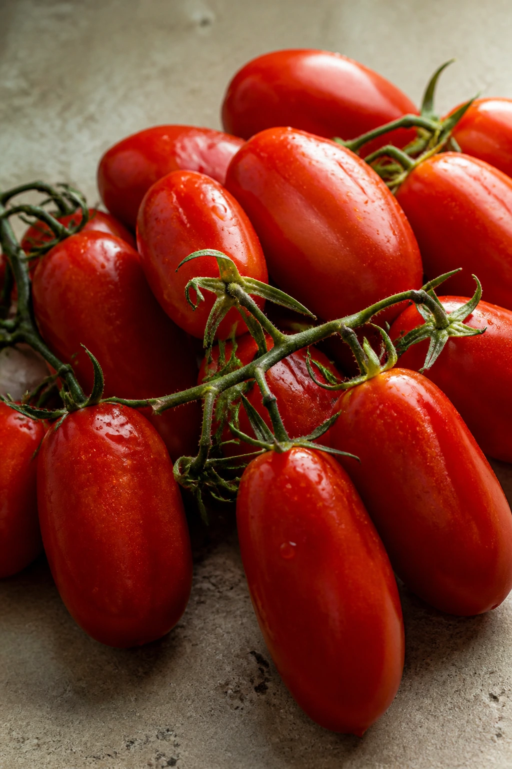 Close-up of ripe red tomatoes on a neutral surface